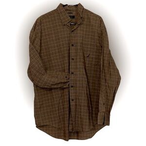 Nautica Brown Casual Button Down Shirt Checkered Pattern